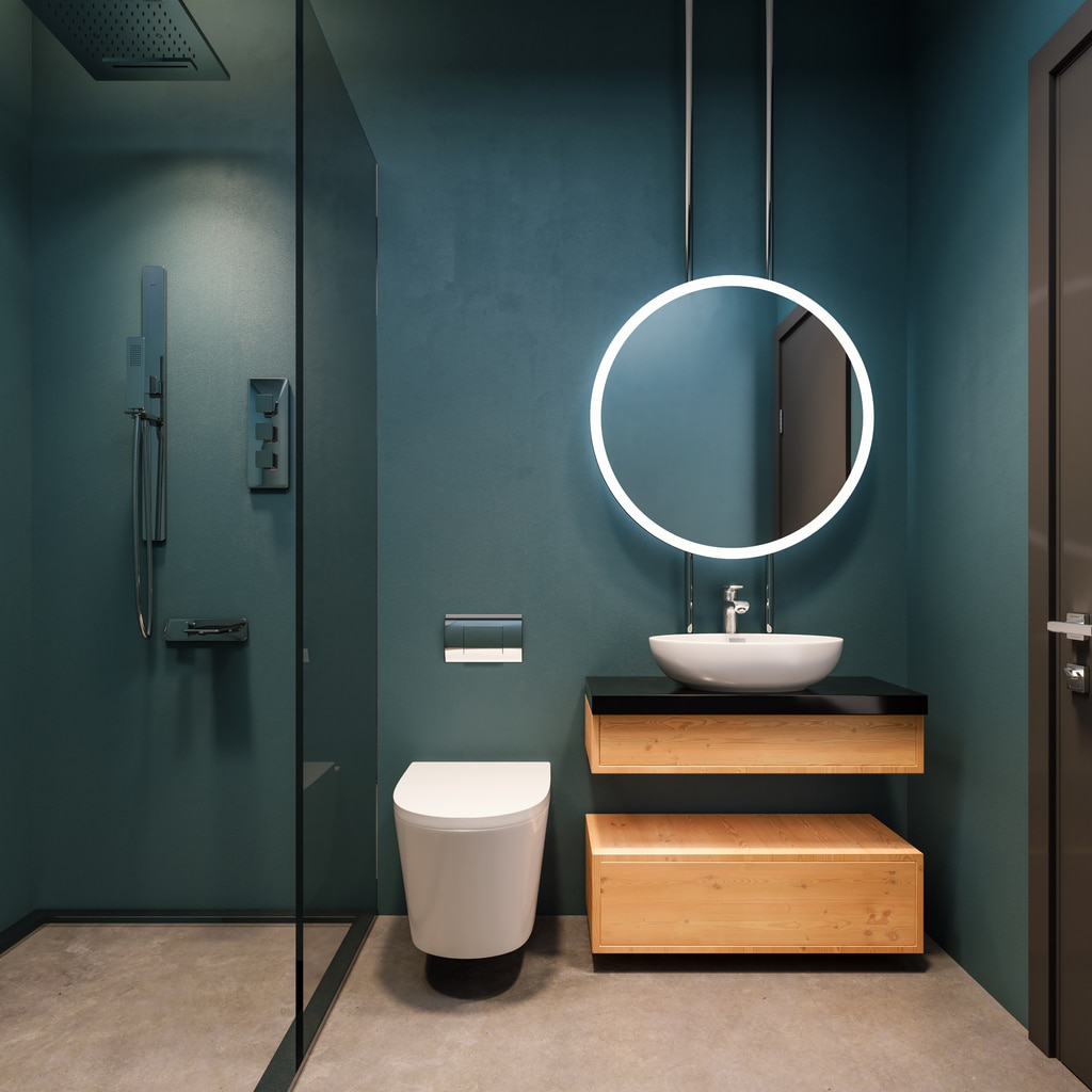 Modern interior design of bathroom vanity, Aegean blue walls with round mirrors, minimalist and clean concept, 3d rendering